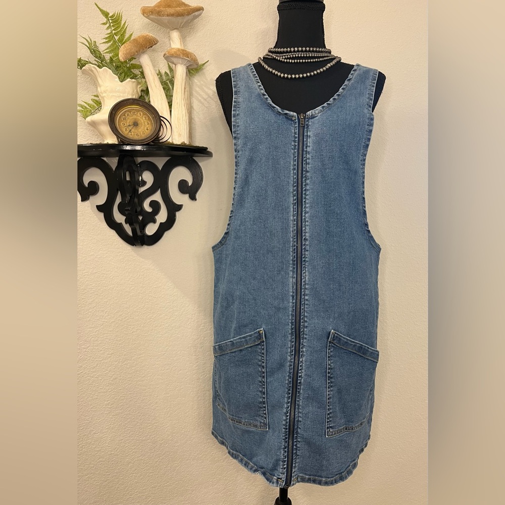 So Blue Denim Overall Dress Zip Up Jean Jumper Sz L Stretch Academia Preppy